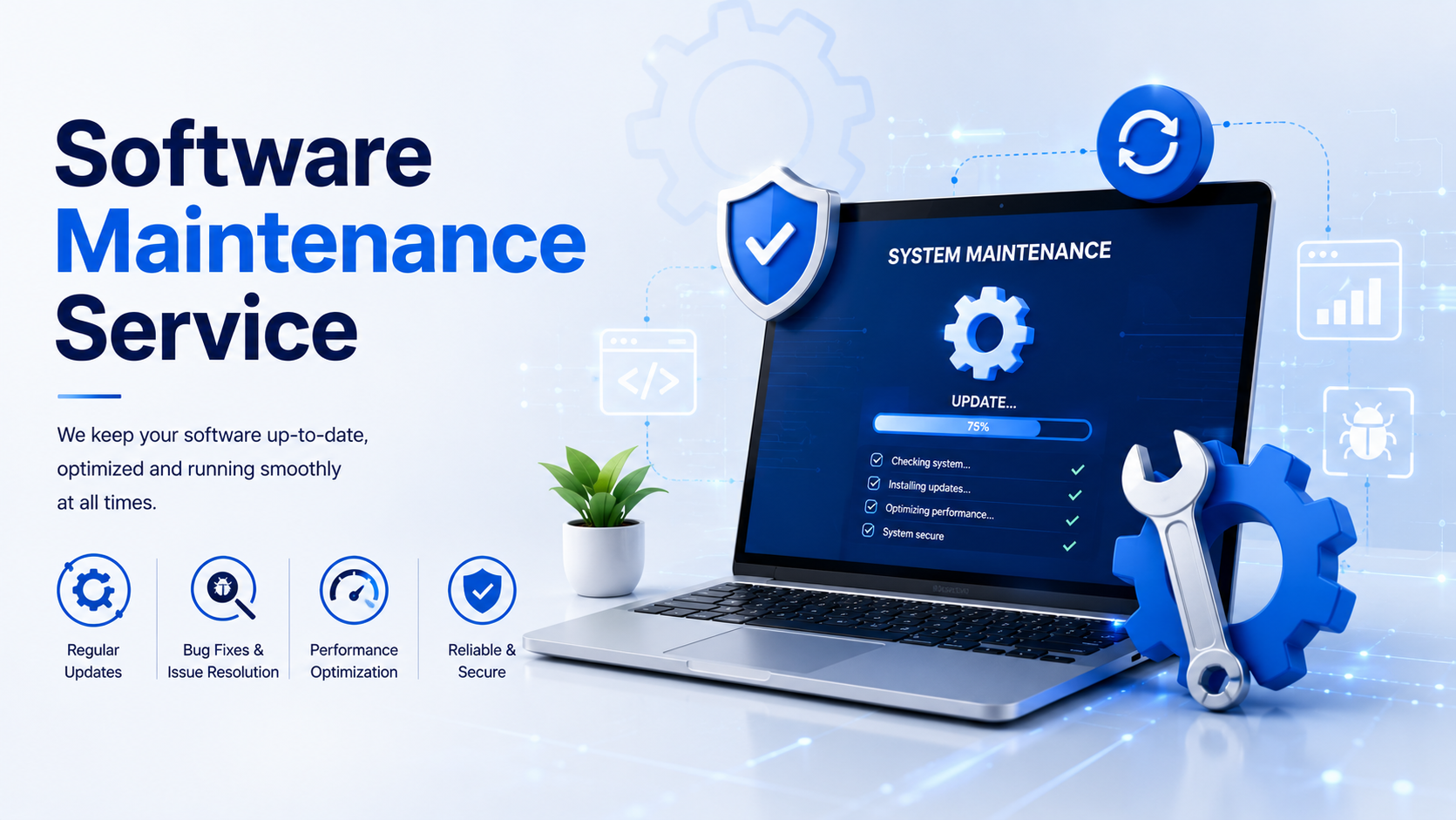 Software maintenance service visual with update, optimization, and security elements